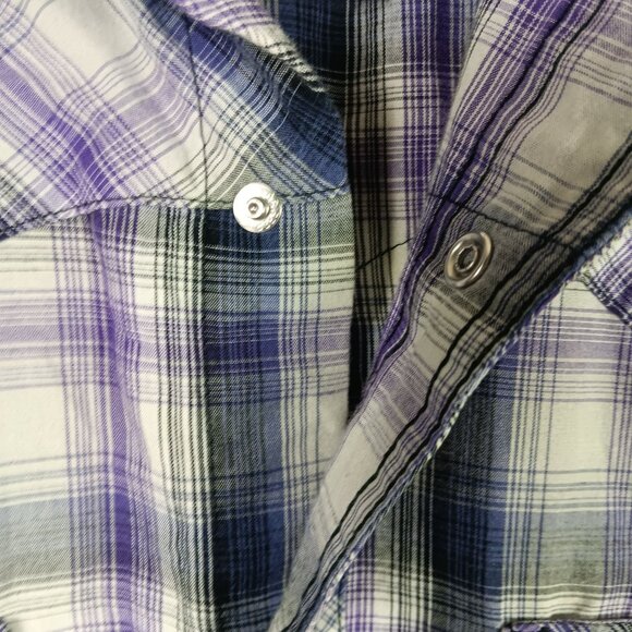 Vintage Wrangler Western Plaid Short Sleeve Shirt Size M Purple Pearl Snap Front - Picture 3 of 6